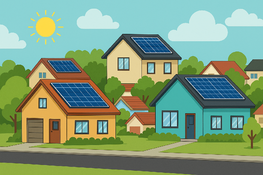 A sunny suburban street with multiple houses featuring rooftop solar panel installations, clearly visible and neatly integrated